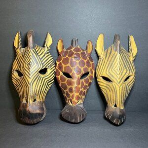 VTG Set of 3 Kenya Hand Carved Wooden Leopard & Zebra Print Giraffe Mask Decor